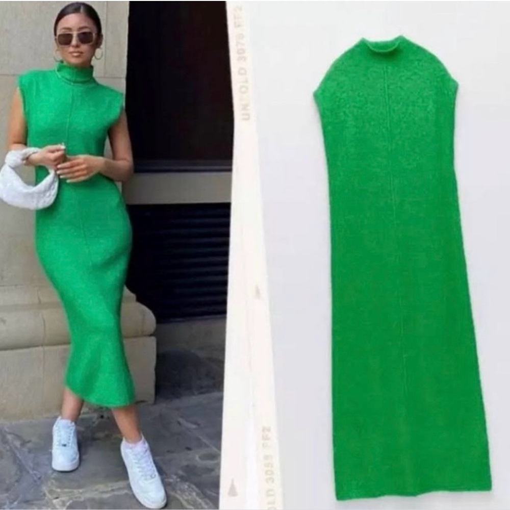 Zara Alpaca and Wool Blend long Green Sleeveless Dress